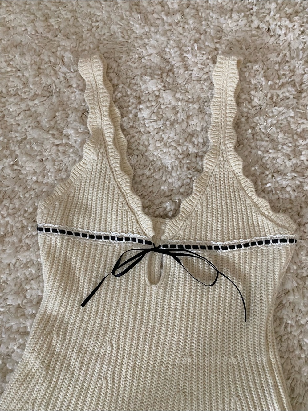 For Love and Lemons Jade Cream Knit Dress with Black Ribbon and Lace Detail - Picture 4 of 6